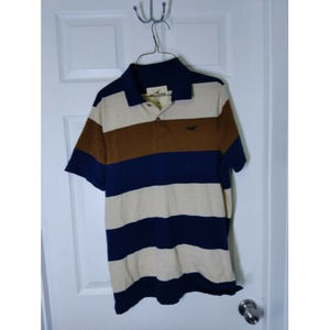 Hollister Mens Polo Shirt Size XL Striped Tan Brow Blue Short Sleeve Soft